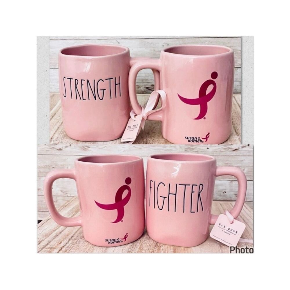 NWT Rae Dunn 2 Pc FIGHTER STRENGTH Pink Black Glossy Ceramic Susan Komen Mug Set